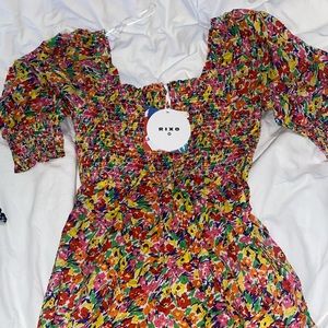 Rixo Puff Sleeve Mini Dress (Pink Multi Flower)